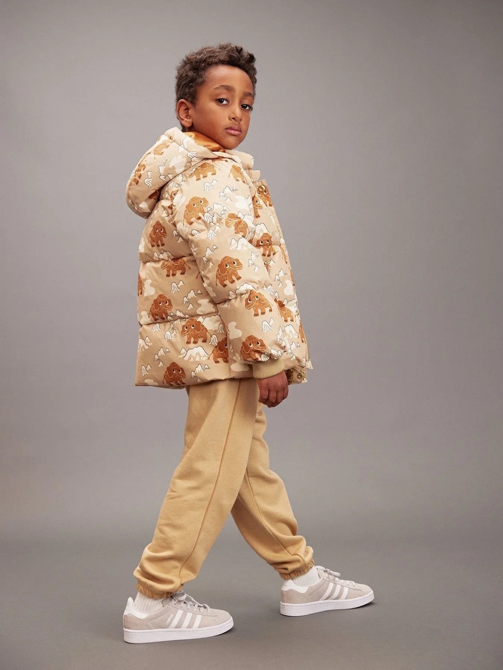 Kids Beige Puffer Jacket with Wooly Mammoth Print